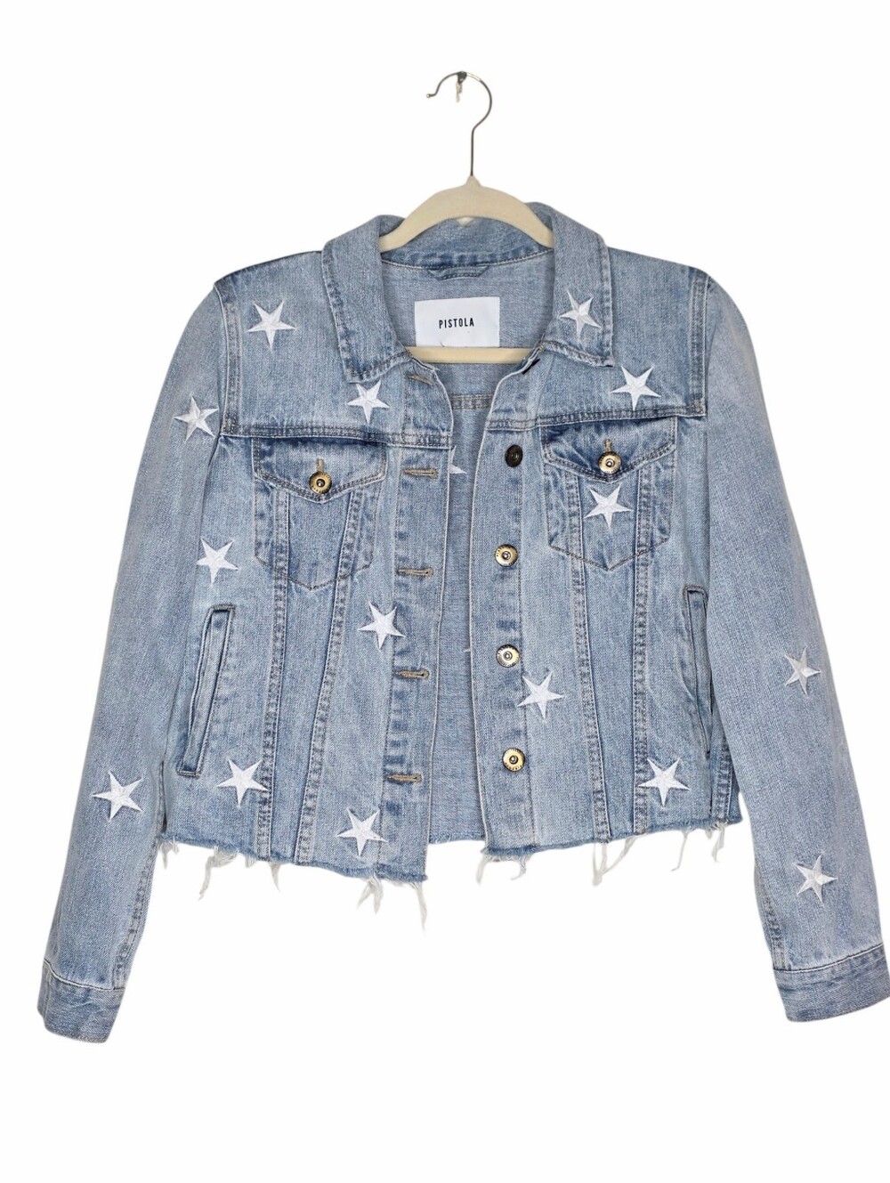 Pistola Brando Star Embroidered Jean Jacket Size M Light Wash Denim Raw Hem - Picture 2 of 12